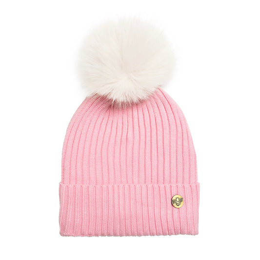 House of Celtic Bee Ribbed Pom Pom Hat Baby Pink / White