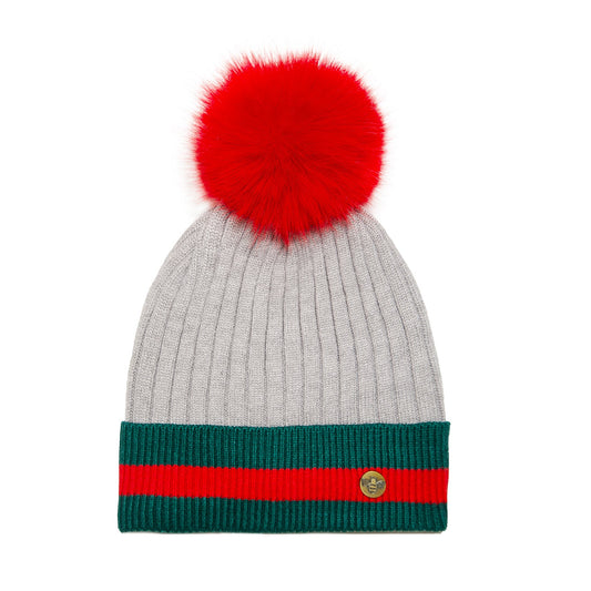 House of Celtic Bee Ribbed Pom Pom Hat G Silver / Red