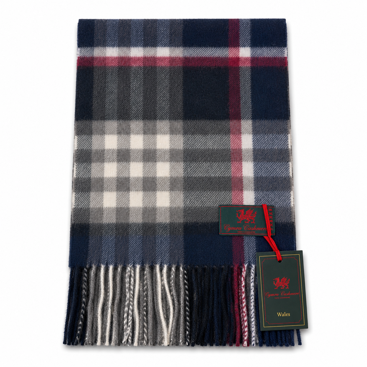 Cymru Cashmere Scarf Chequer Tartan Navy