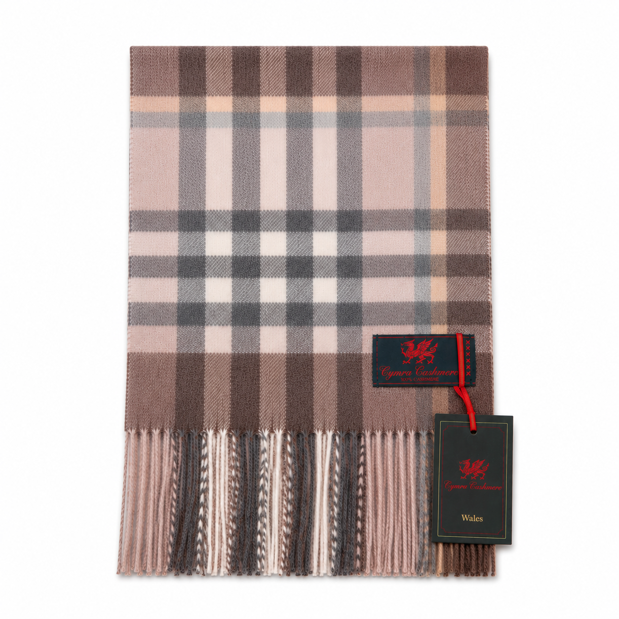 Cymru Cashmere Scarf Chequer Tartan Taupe