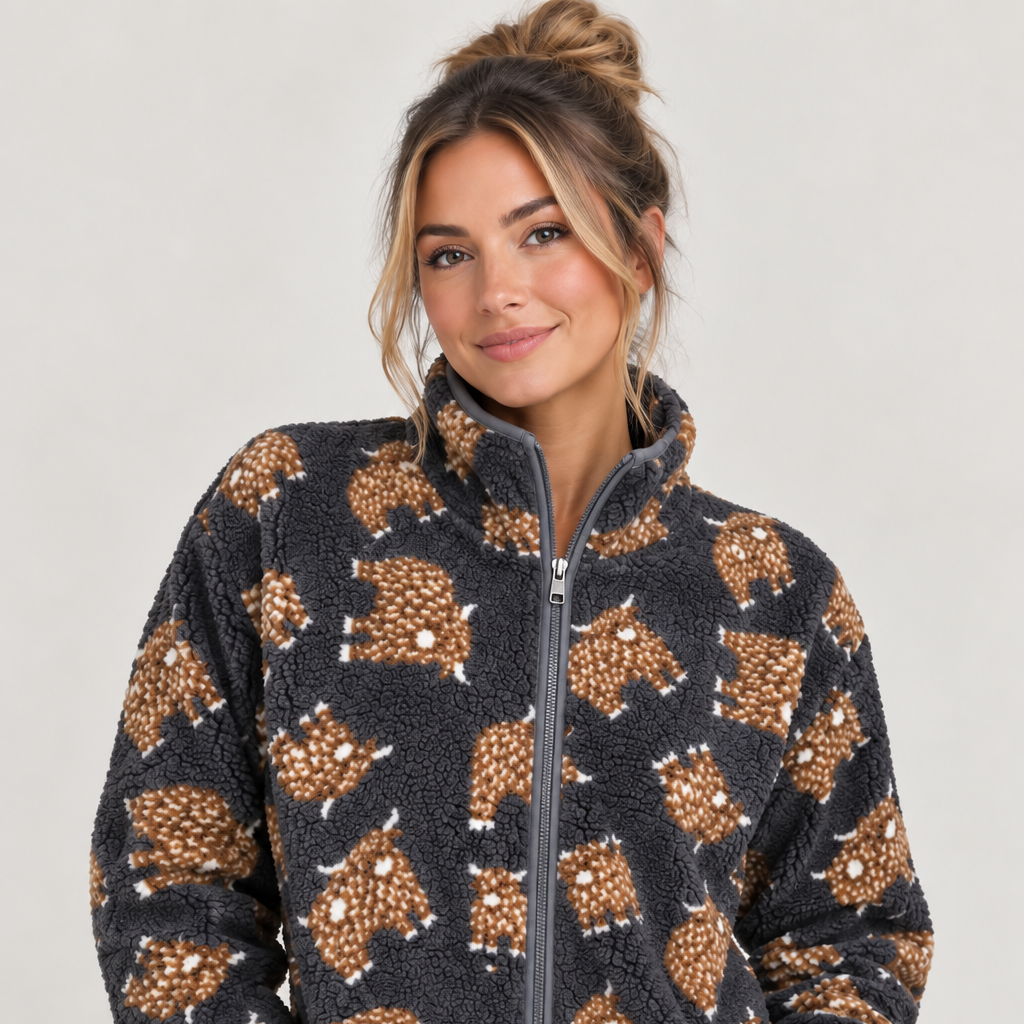 Charcoal Highland Cow Fleeced Full Zip Sweatshirt