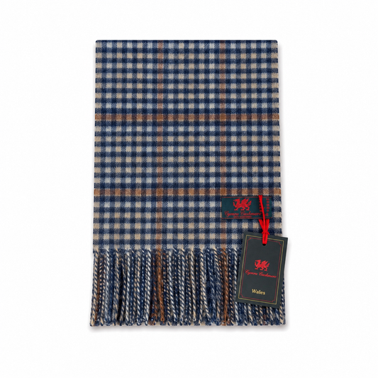 Cymru Cashmere Scarf Gingham Tartan Blue/Mahogany