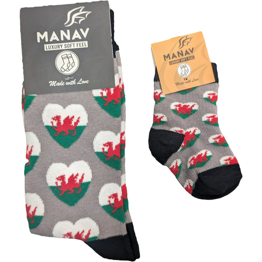 Welsh Multi-Heart Grey Socks