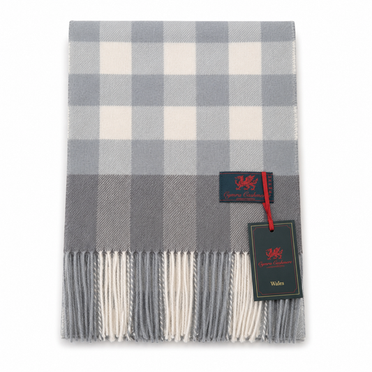 Cymru Cashmere Scarf Giant Chequer Light Grey