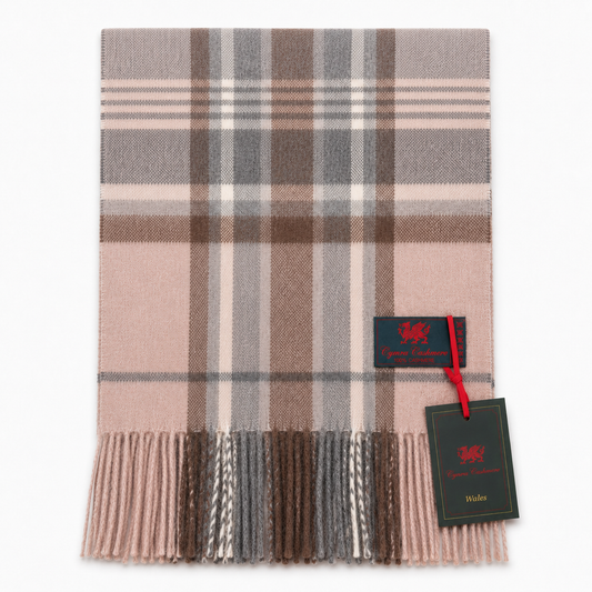 Cymru Cashmere Scarf Marchbrae Tartan Taupe