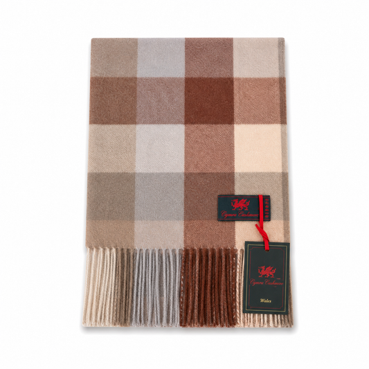 Cymru Cashmere Scarf 5 Square Tartan Brown